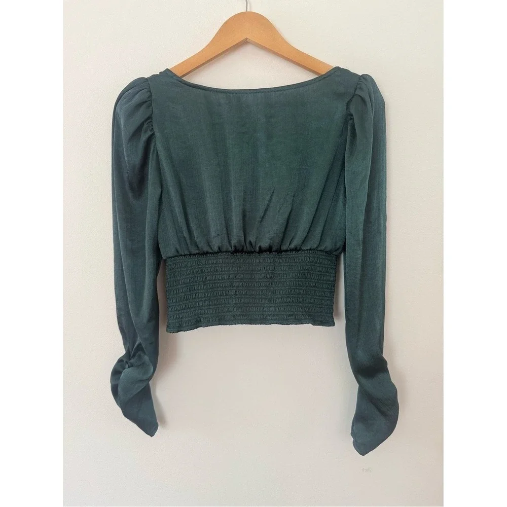Free People Emerald Green Smocked Waist Crop Top Long Sleeve Button Cuff Small